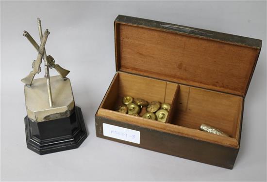 Militaria - a plated trophy, cigarette box, buttons etc